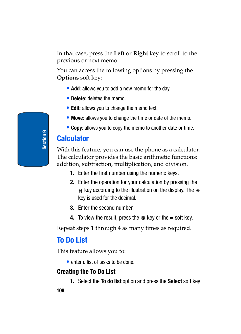 Calculator, To do list, Creating the to do list | Calculator to do list | Samsung SGH-X495IBBTMB User Manual | Page 112 / 172