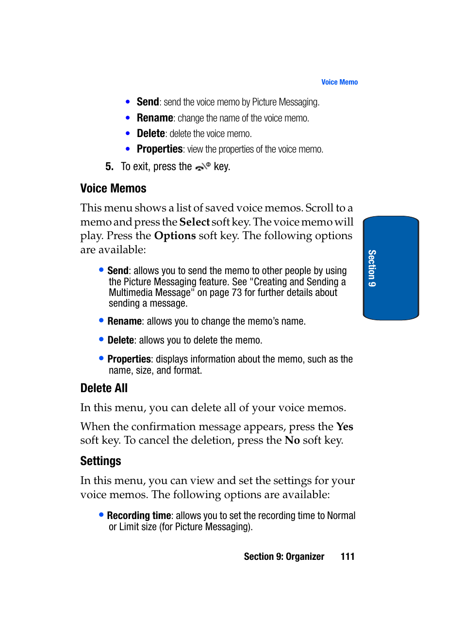 Voice memos, Delete all, Settings | Samsung SGH-X495IBBTMB User Manual | Page 115 / 172