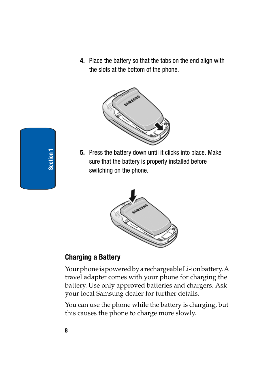 Charging a battery | Samsung SGH-X495IBBTMB User Manual | Page 12 / 172