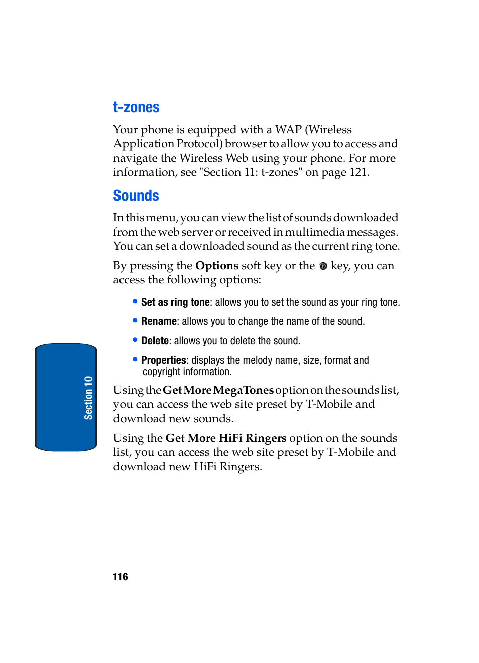 T-zones, Sounds, T-zones sounds | Samsung SGH-X495IBBTMB User Manual | Page 120 / 172