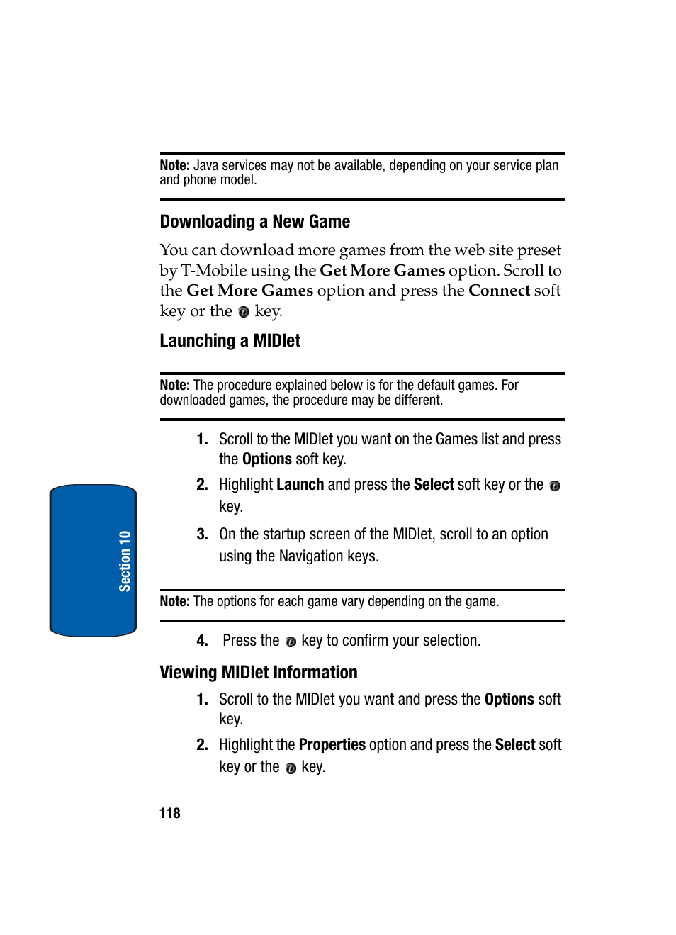 Downloading a new game, Launching a midlet, Viewing midlet information | Samsung SGH-X495IBBTMB User Manual | Page 122 / 172