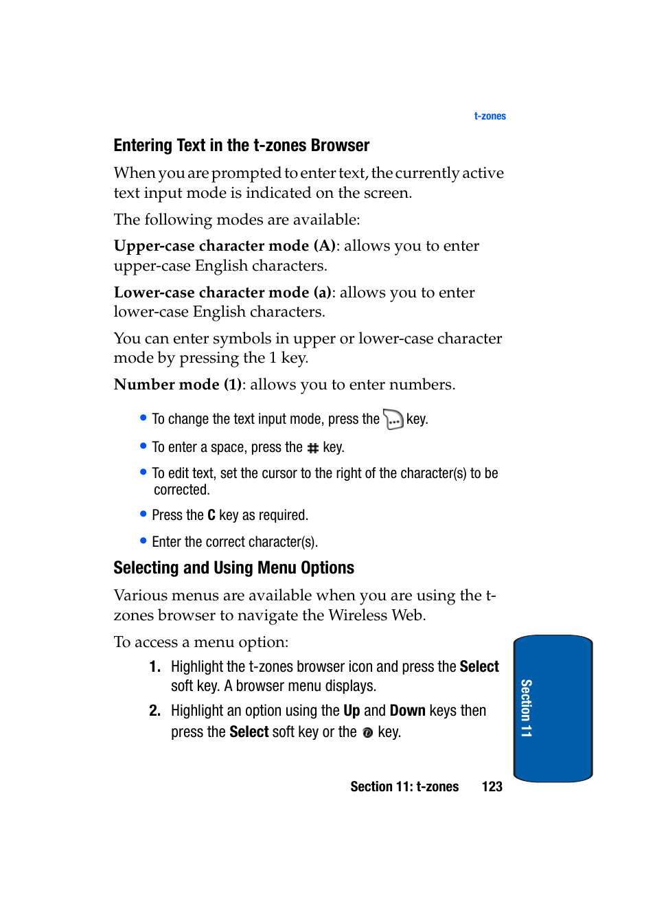 Entering text in the t-zones browser, Selecting and using menu options | Samsung SGH-X495IBBTMB User Manual | Page 127 / 172