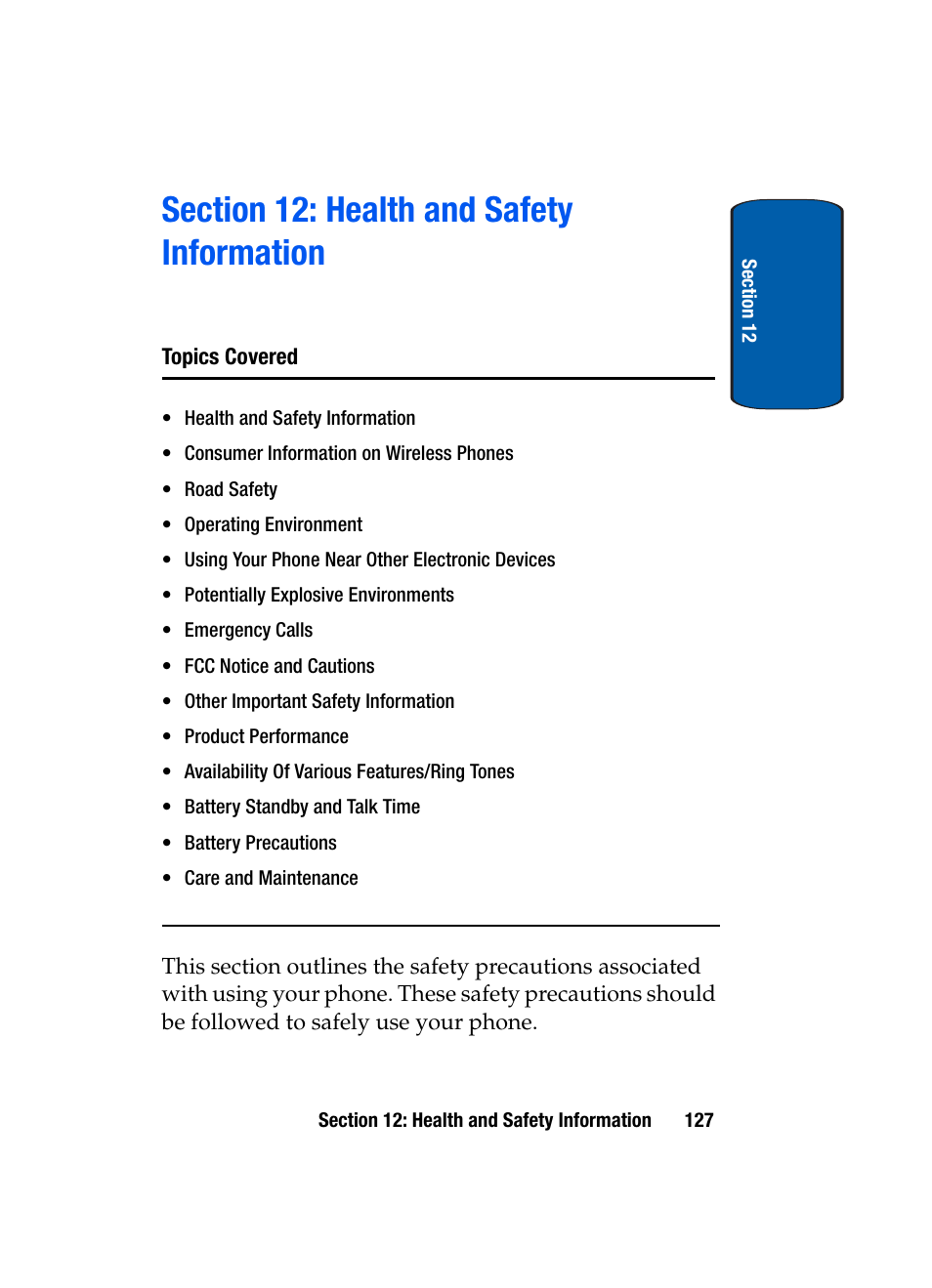 Section 12: health and safety information | Samsung SGH-X495IBBTMB User Manual | Page 131 / 172