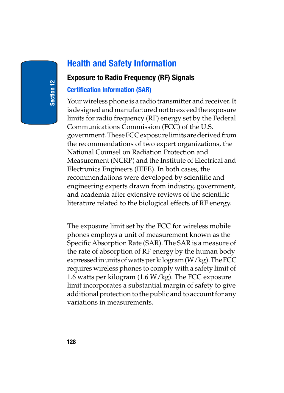 Health and safety information, Exposure to radio frequency (rf) signals | Samsung SGH-X495IBBTMB User Manual | Page 132 / 172