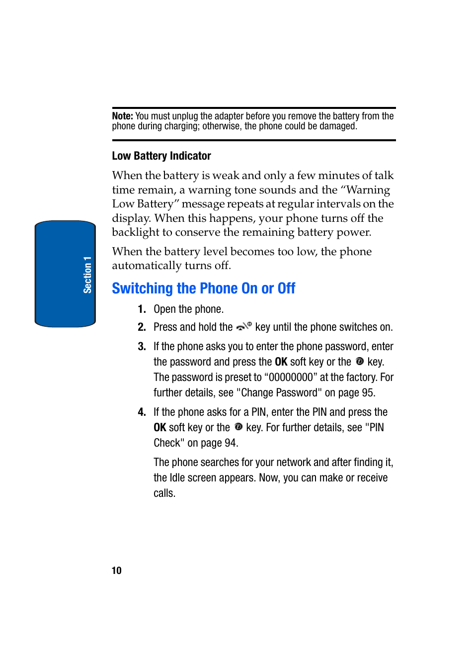 Low battery indicator, Switching the phone on or off | Samsung SGH-X495IBBTMB User Manual | Page 14 / 172