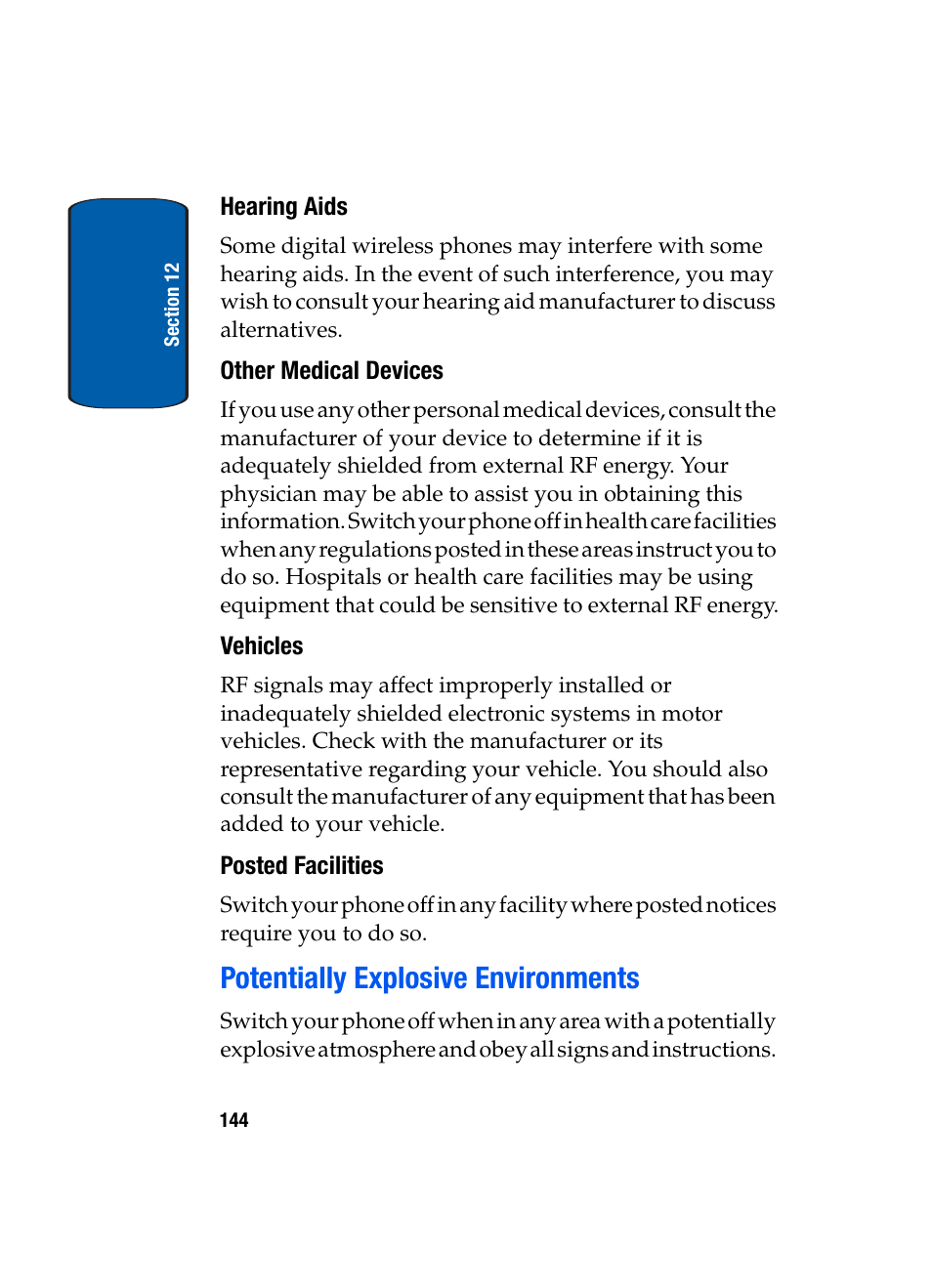 Hearing aids, Other medical devices, Vehicles | Posted facilities, Potentially explosive environments | Samsung SGH-X495IBBTMB User Manual | Page 148 / 172