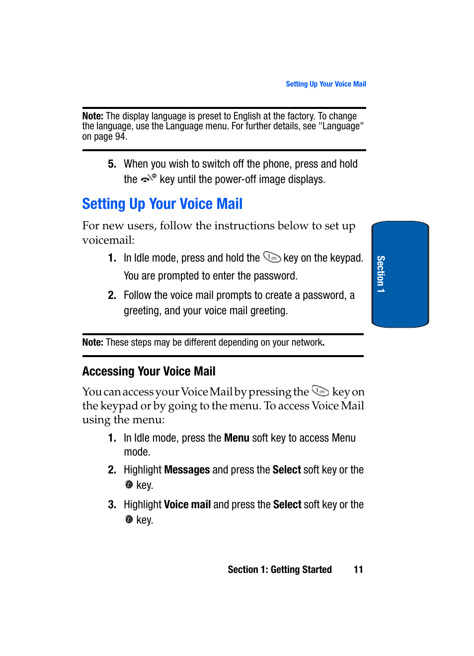 Setting up your voice mail, Accessing your voice mail | Samsung SGH-X495IBBTMB User Manual | Page 15 / 172