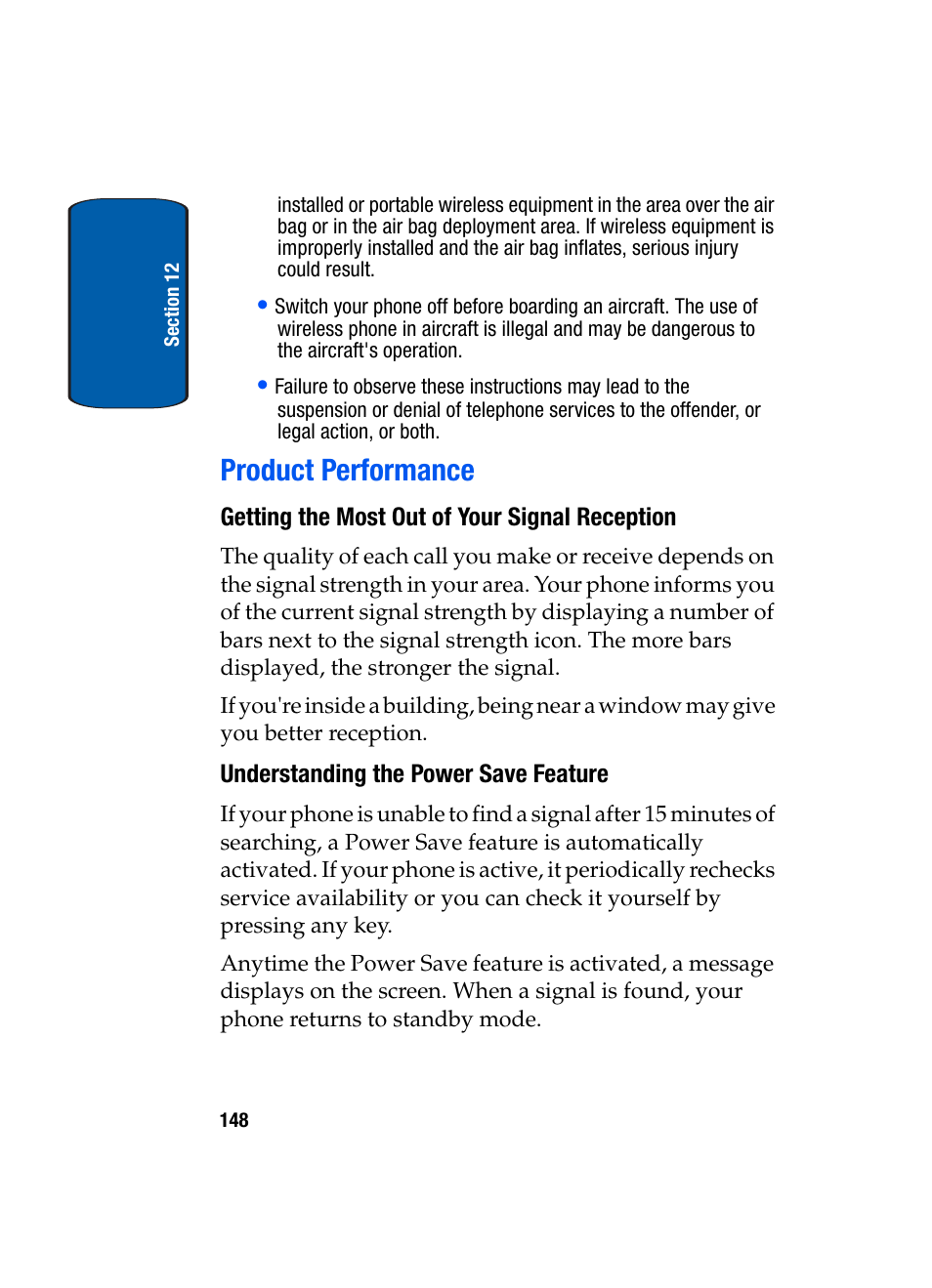 Product performance, Getting the most out of your signal reception, Understanding the power save feature | Samsung SGH-X495IBBTMB User Manual | Page 152 / 172