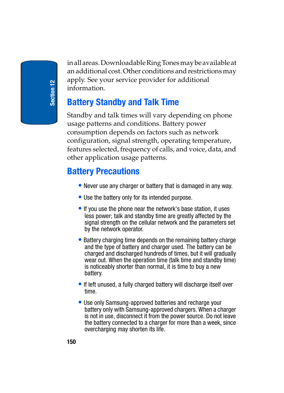 Battery standby and talk time, Battery precautions, Battery standby and talk time battery precautions | Samsung SGH-X495IBBTMB User Manual | Page 154 / 172