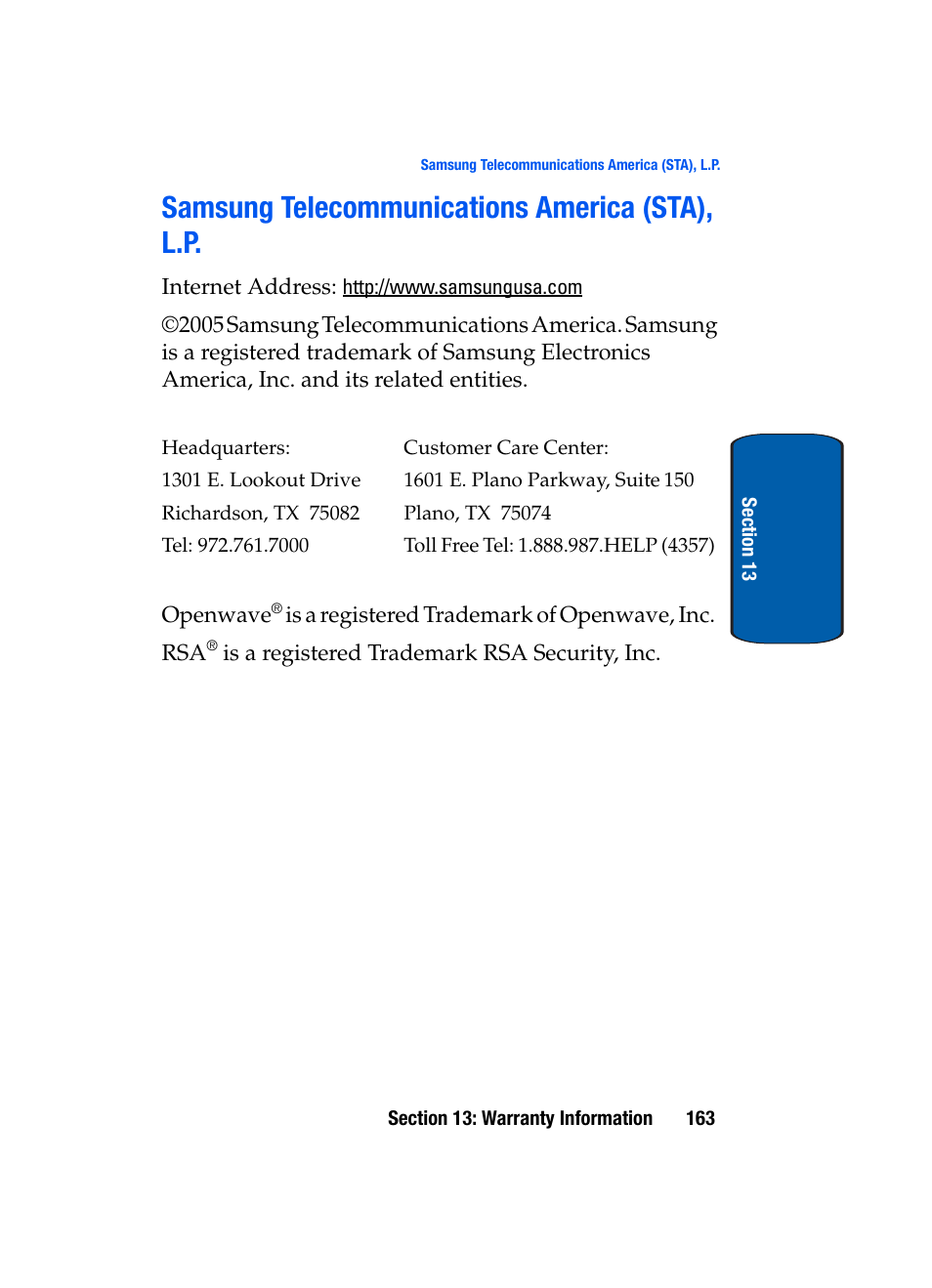 Samsung telecommunications america (sta), l.p | Samsung SGH-X495IBBTMB User Manual | Page 167 / 172