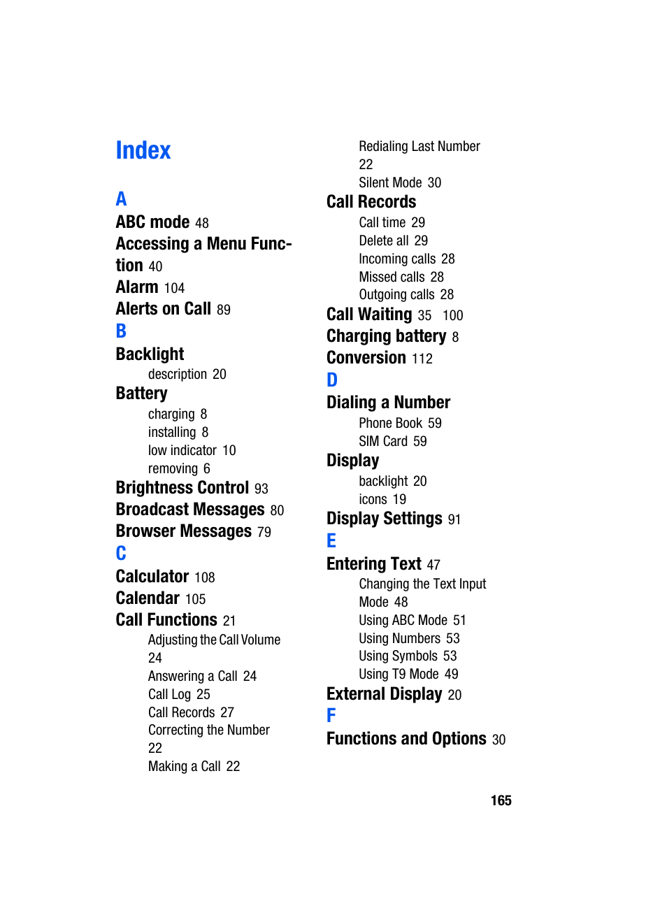 Index | Samsung SGH-X495IBBTMB User Manual | Page 169 / 172