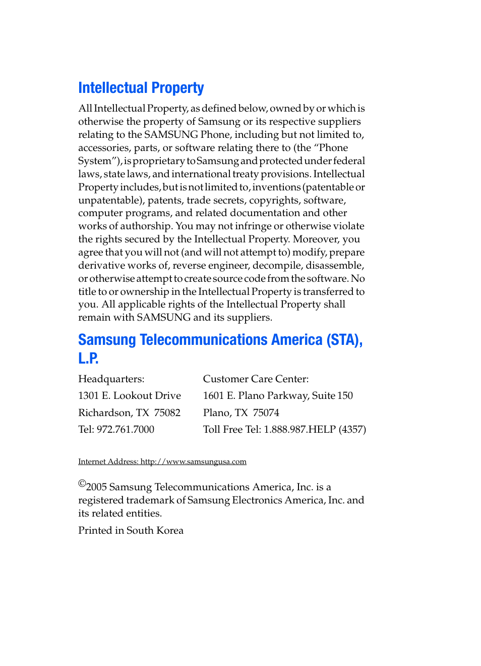 Intellectual property, Samsung telecommunications america (sta), l.p | Samsung SGH-X495IBBTMB User Manual | Page 2 / 172