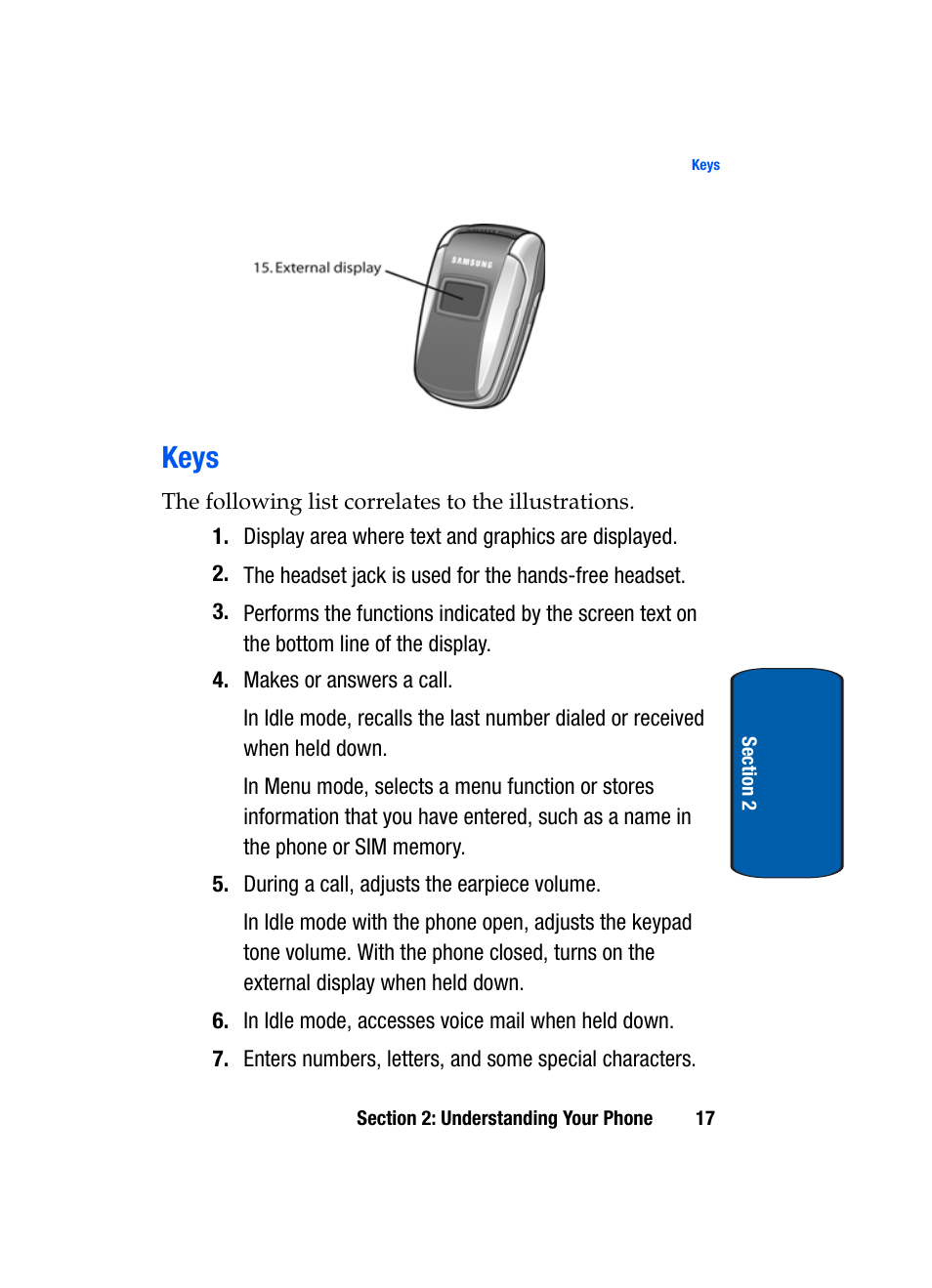 Keys | Samsung SGH-X495IBBTMB User Manual | Page 21 / 172