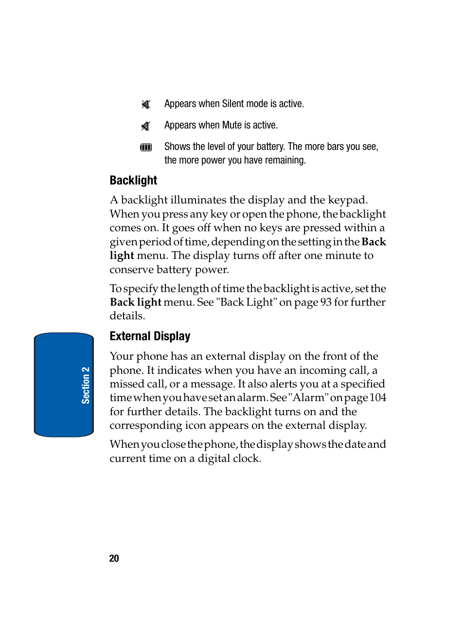 Backlight, External display | Samsung SGH-X495IBBTMB User Manual | Page 24 / 172