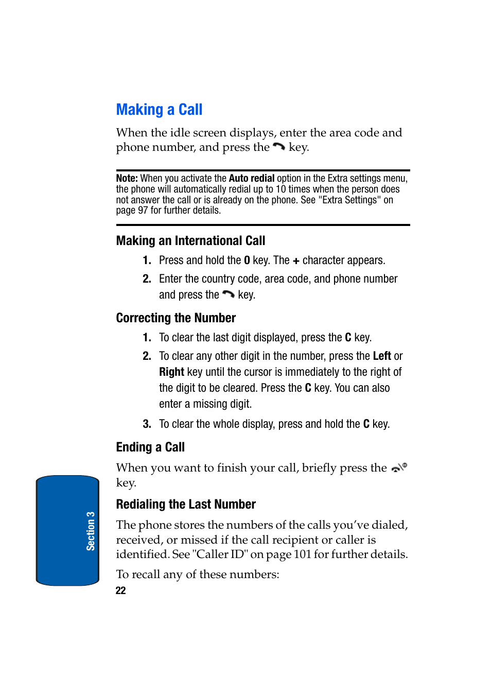 Making a call, Making an international call, Correcting the number | Ending a call, Redialing the last number | Samsung SGH-X495IBBTMB User Manual | Page 26 / 172