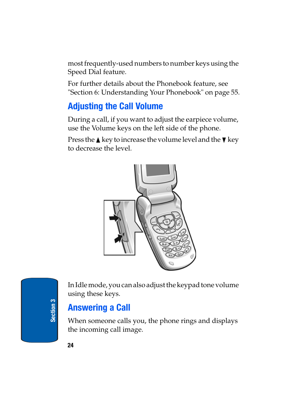 Adjusting the call volume, Answering a call, Adjusting the call volume answering a call | Samsung SGH-X495IBBTMB User Manual | Page 28 / 172