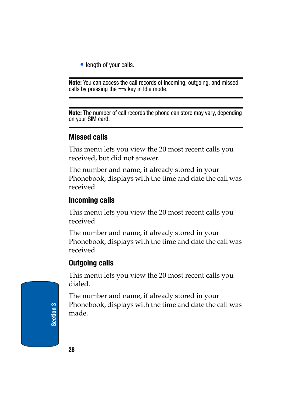 Missed calls, Incoming calls, Outgoing calls | Samsung SGH-X495IBBTMB User Manual | Page 32 / 172