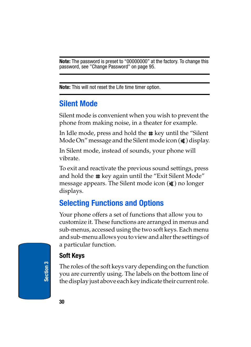 Silent mode, Selecting functions and options, Soft keys | Silent mode selecting functions and options | Samsung SGH-X495IBBTMB User Manual | Page 34 / 172