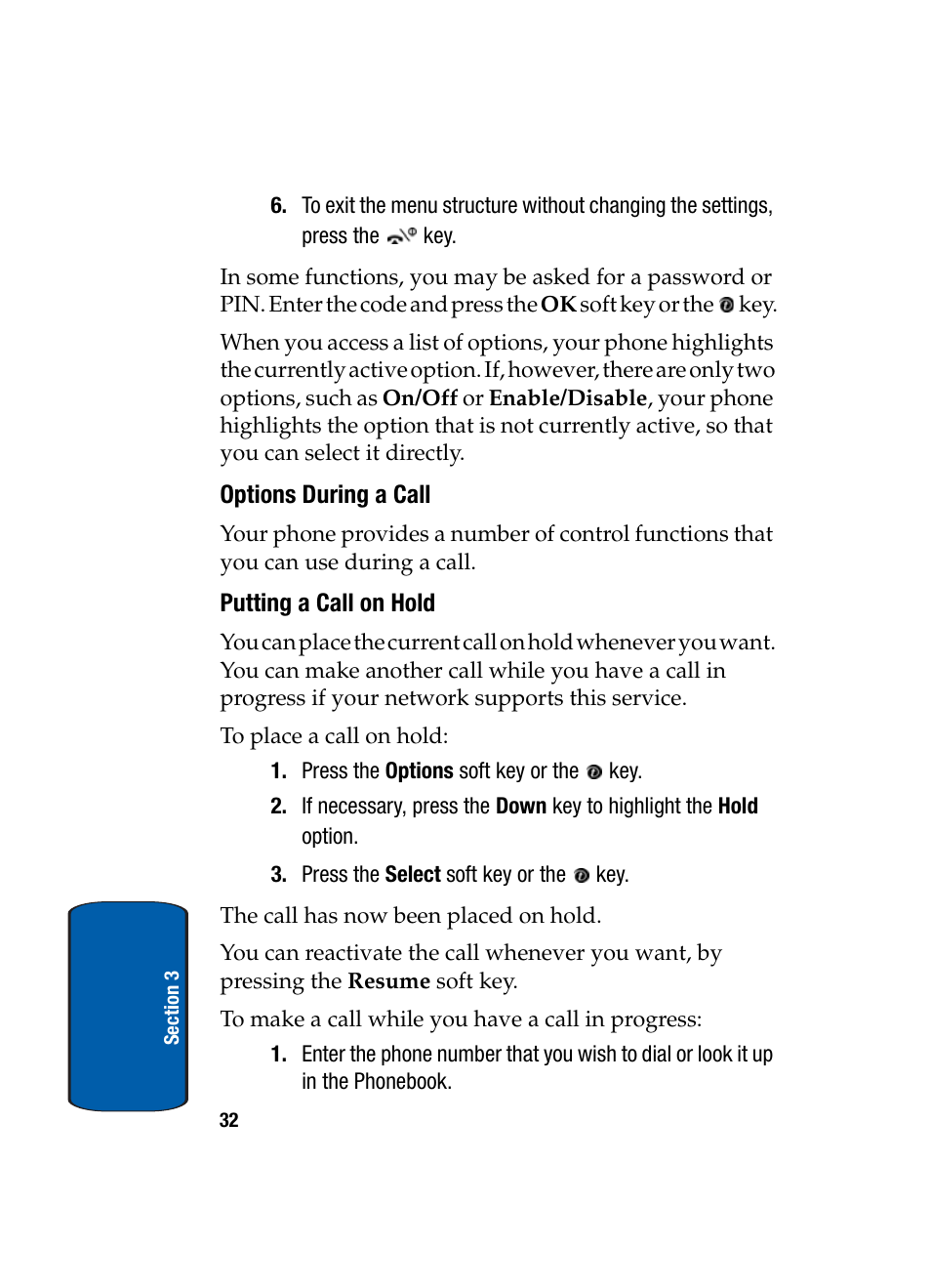 Options during a call, Putting a call on hold | Samsung SGH-X495IBBTMB User Manual | Page 36 / 172