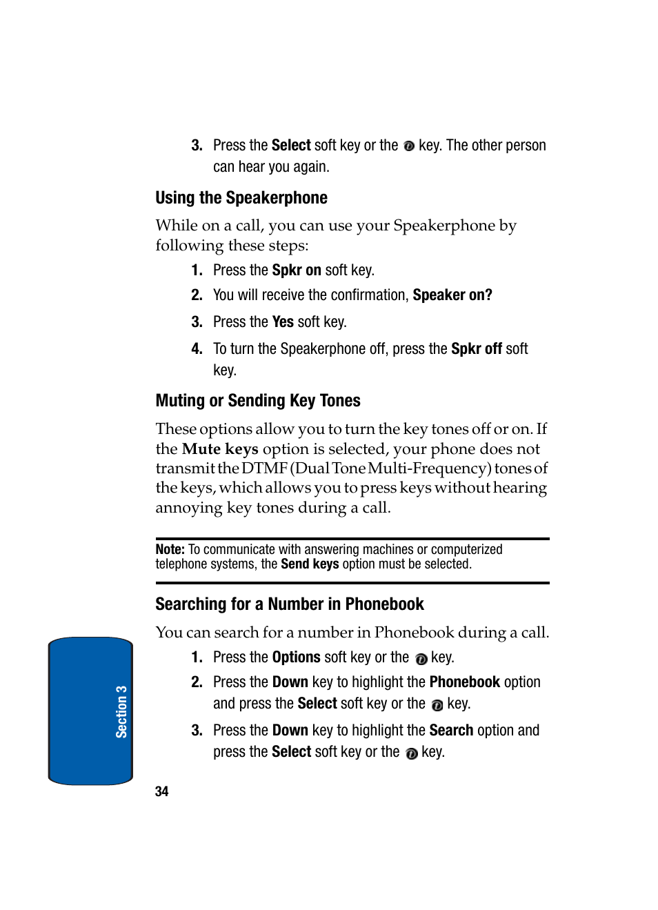 Using the speakerphone, Muting or sending key tones, Searching for a number in phonebook | Samsung SGH-X495IBBTMB User Manual | Page 38 / 172