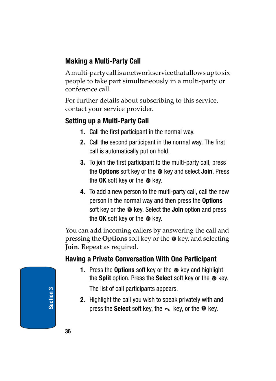 Making a multi-party call, Setting up a multi-party call, Having a private conversation with one participant | Samsung SGH-X495IBBTMB User Manual | Page 40 / 172