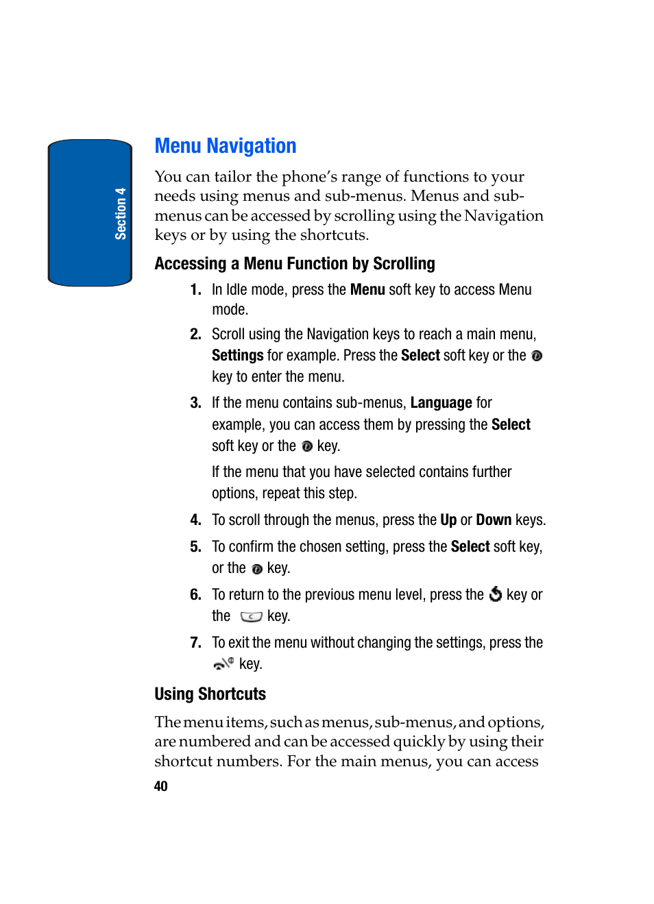 Menu navigation, Accessing a menu function by scrolling, Using shortcuts | Samsung SGH-X495IBBTMB User Manual | Page 44 / 172