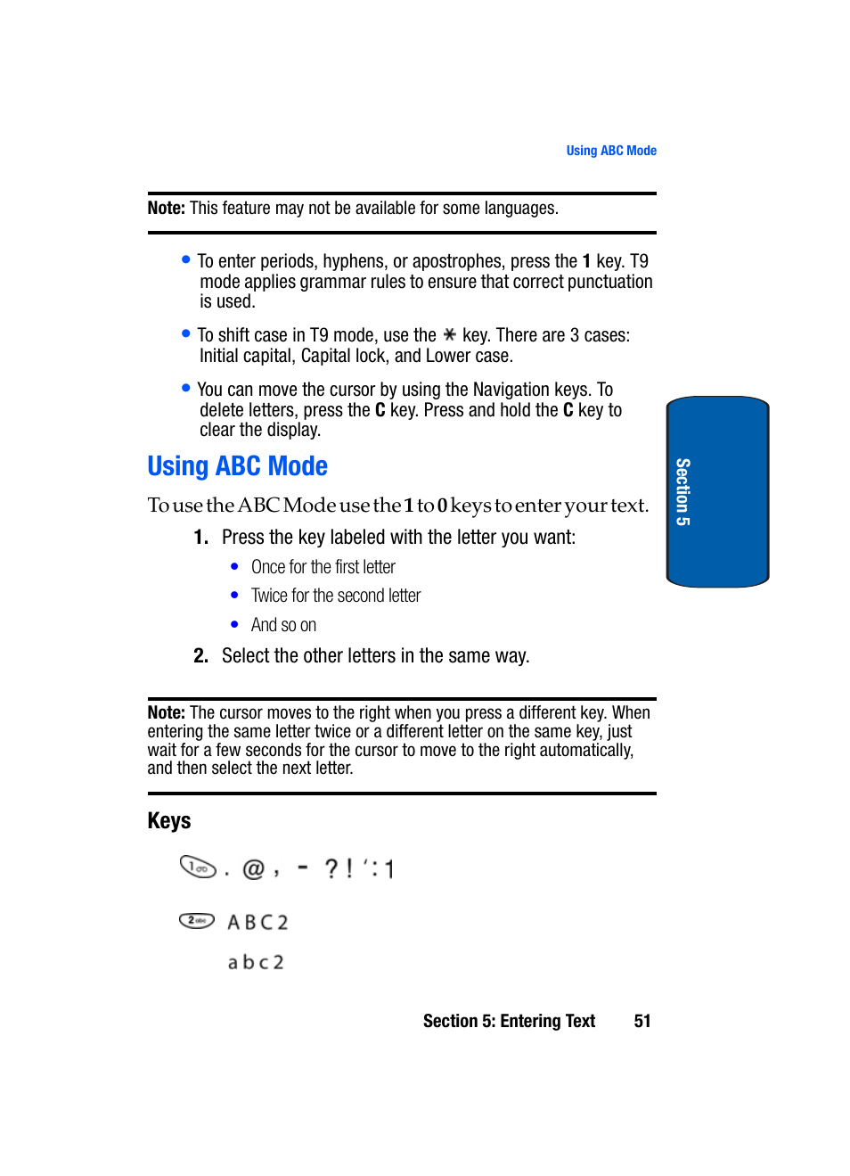 Using abc mode, Keys | Samsung SGH-X495IBBTMB User Manual | Page 55 / 172