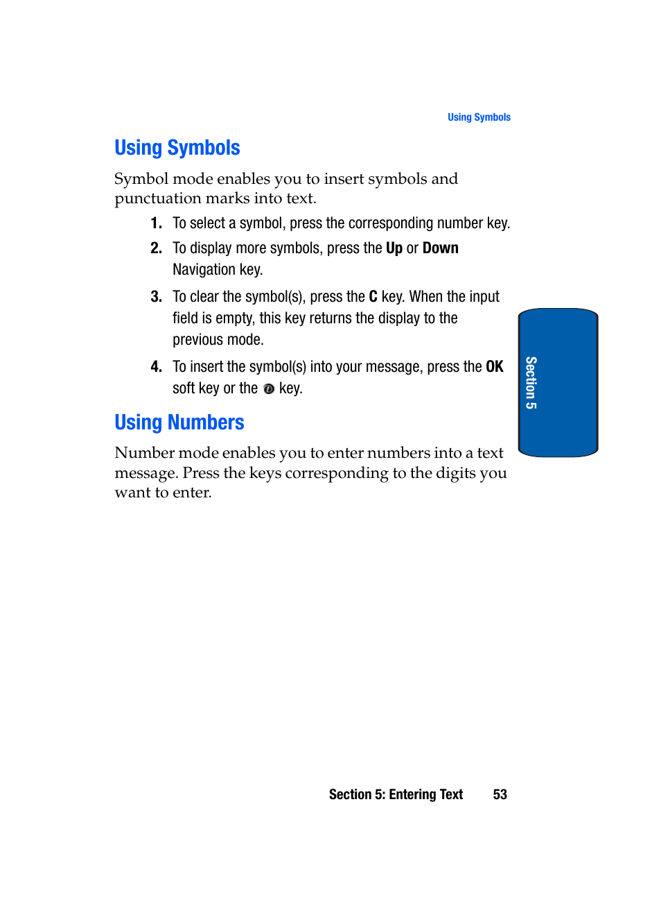 Using symbols, Using numbers, Using symbols using numbers | Samsung SGH-X495IBBTMB User Manual | Page 57 / 172