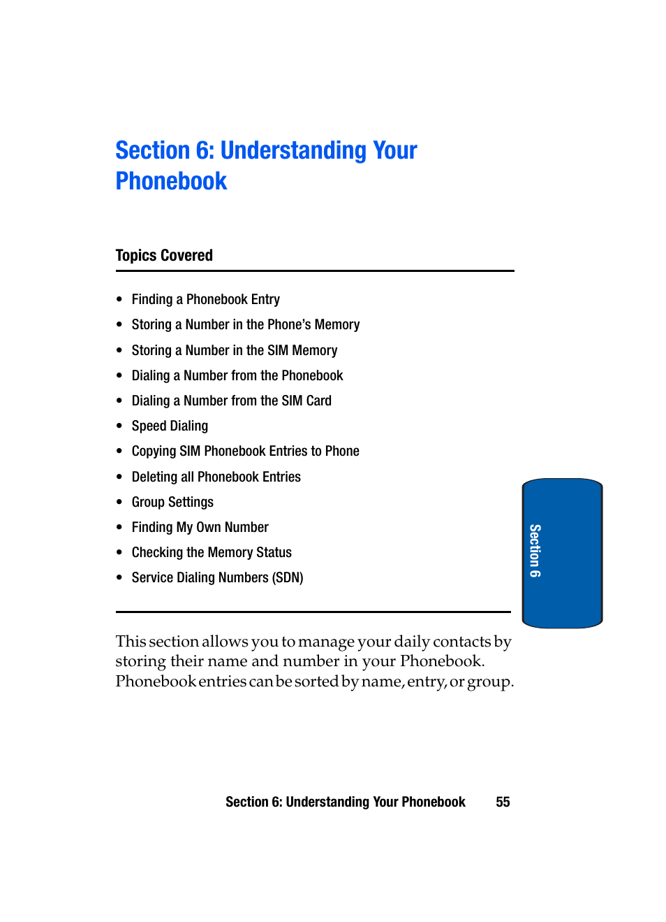 Section 6: understanding your phonebook | Samsung SGH-X495IBBTMB User Manual | Page 59 / 172