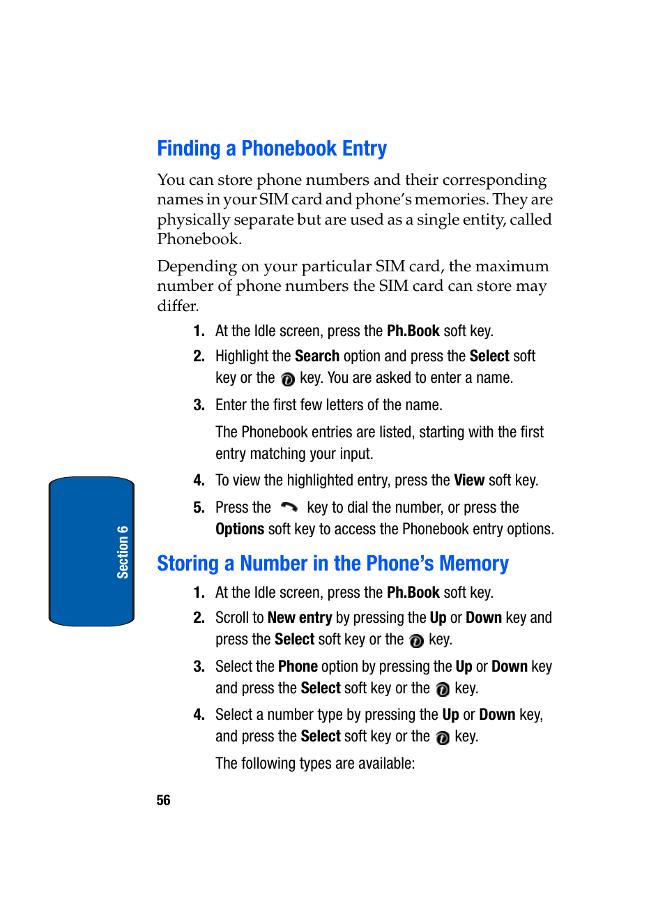 Finding a phonebook entry, Storing a number in the phone’s memory | Samsung SGH-X495IBBTMB User Manual | Page 60 / 172