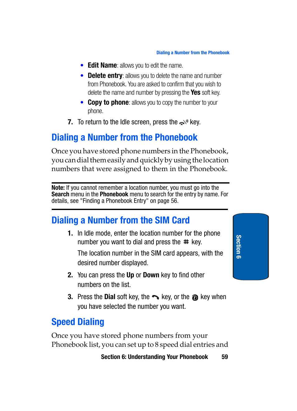 Dialing a number from the phonebook, Dialing a number from the sim card, Speed dialing | Samsung SGH-X495IBBTMB User Manual | Page 63 / 172