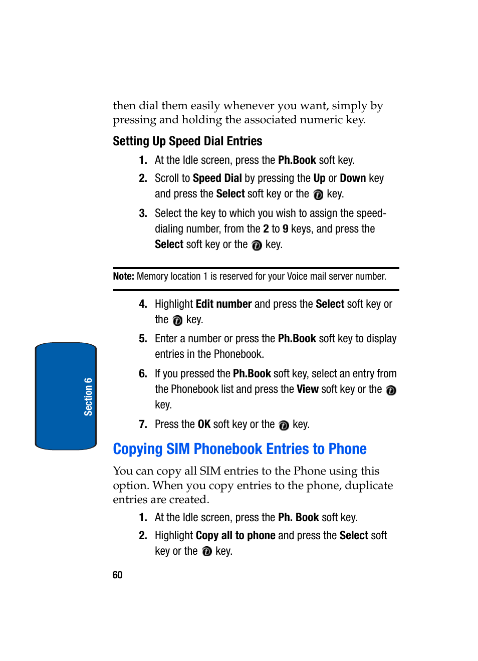 Setting up speed dial entries, Copying sim phonebook entries to phone | Samsung SGH-X495IBBTMB User Manual | Page 64 / 172