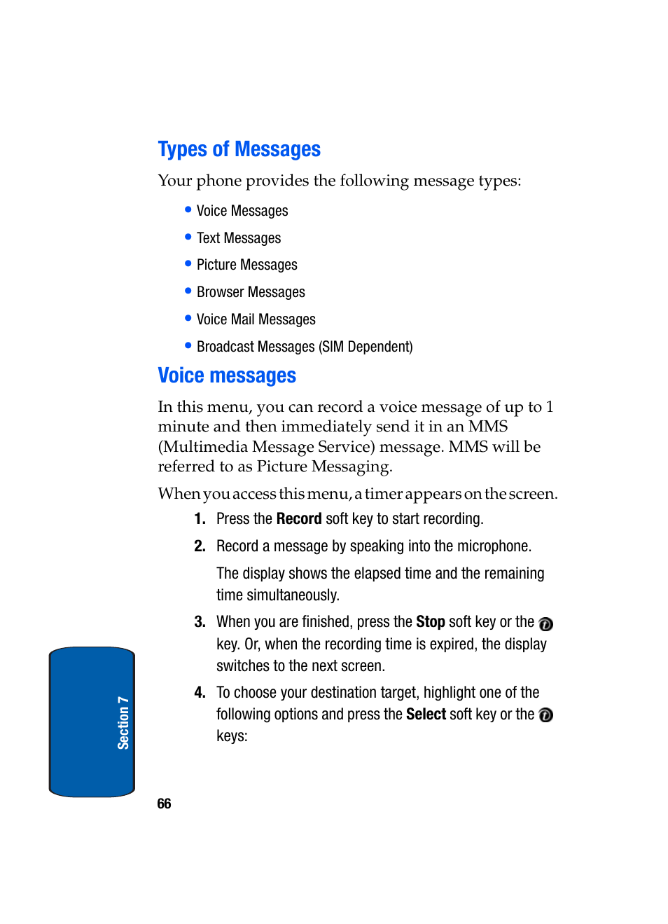 Types of messages, Voice messages, Types of messages voice messages | Samsung SGH-X495IBBTMB User Manual | Page 70 / 172
