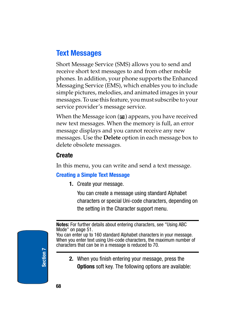 Text messages, Create | Samsung SGH-X495IBBTMB User Manual | Page 72 / 172