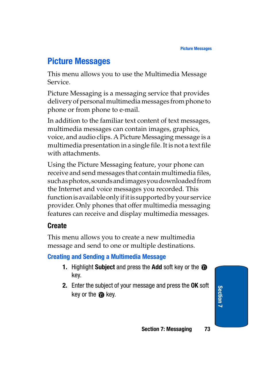 Picture messages, Create | Samsung SGH-X495IBBTMB User Manual | Page 77 / 172