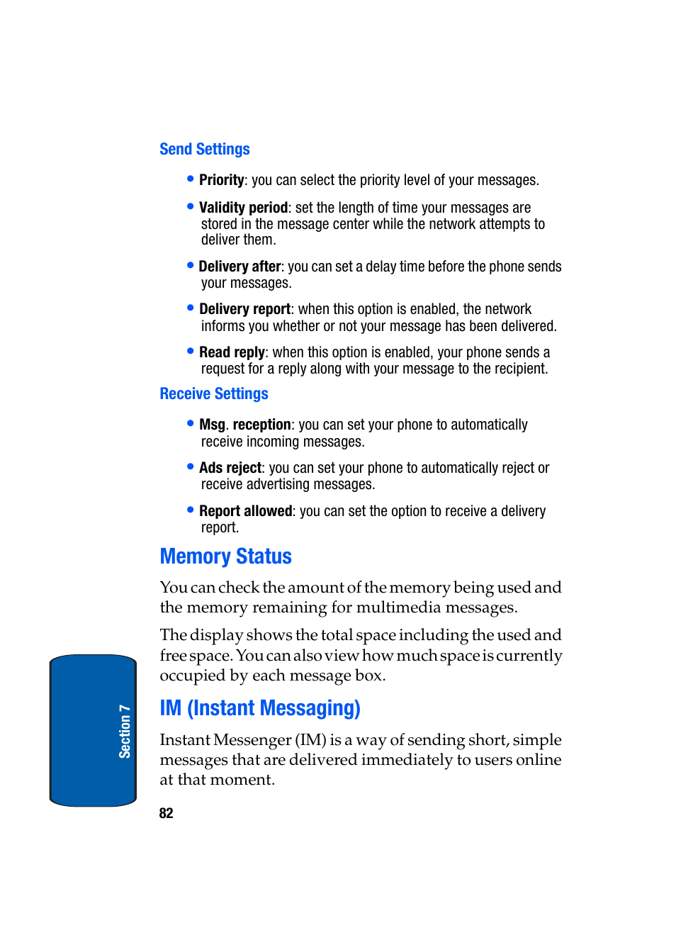 Memory status, Im (instant messaging), Memory status im (instant messaging) | Samsung SGH-X495IBBTMB User Manual | Page 86 / 172