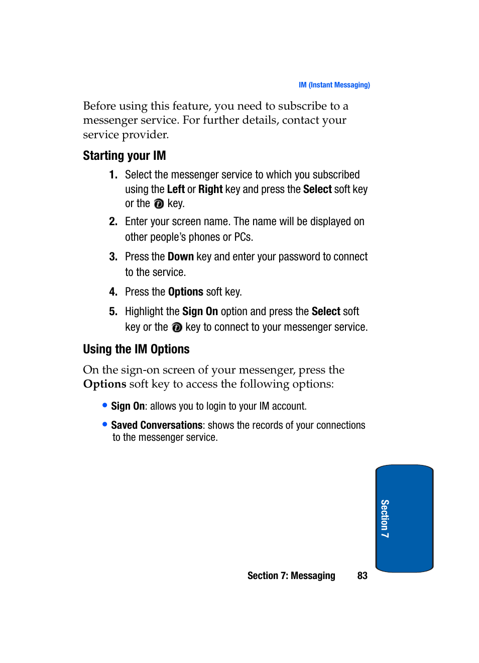 Starting your im, Using the im options | Samsung SGH-X495IBBTMB User Manual | Page 87 / 172