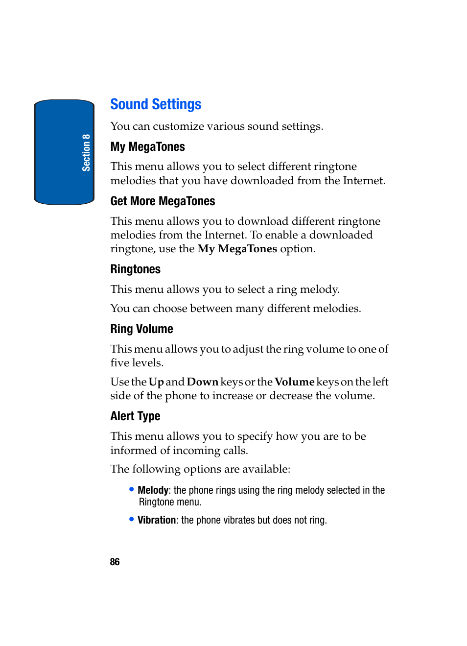 Sound settings, My megatones, Get more megatones | Ringtones, Ring volume, Alert type | Samsung SGH-X495IBBTMB User Manual | Page 90 / 172