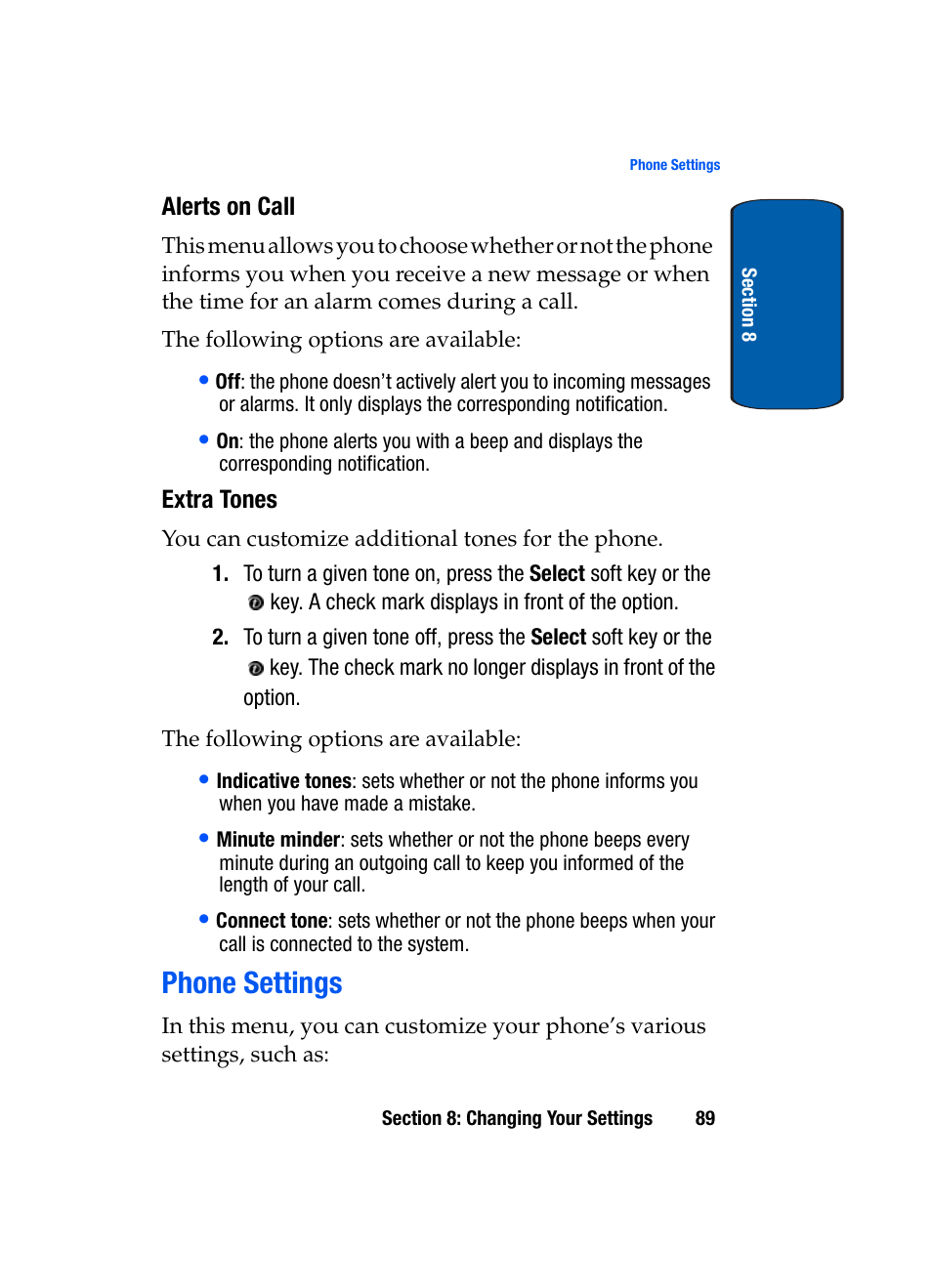 Alerts on call, Extra tones, Phone settings | Samsung SGH-X495IBBTMB User Manual | Page 93 / 172