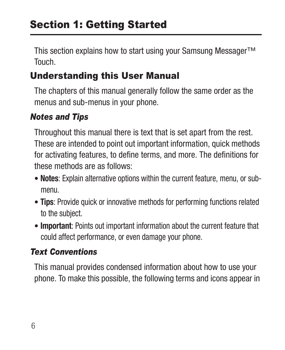 Section 1: getting started, Understanding this user manual, Notes and tips | Text conventions | Samsung SCH-R631DWACRI User Manual | Page 10 / 145