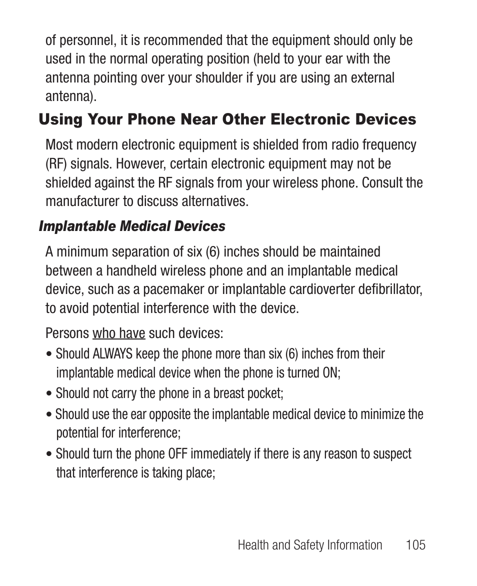 Using your phone near other electronic devices, Implantable medical devices | Samsung SCH-R631DWACRI User Manual | Page 109 / 145