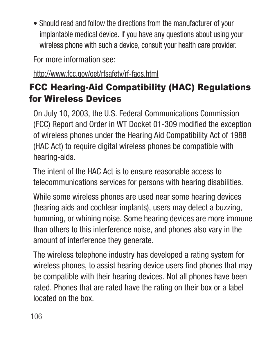 Fcc hearing-aid compatibility (hac) regulations, For wireless devices | Samsung SCH-R631DWACRI User Manual | Page 110 / 145