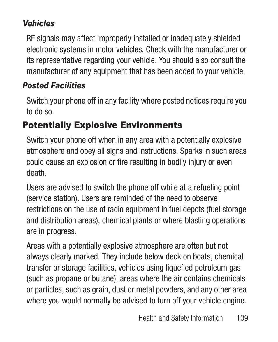 Vehicles, Posted facilities, Potentially explosive environments | Samsung SCH-R631DWACRI User Manual | Page 113 / 145