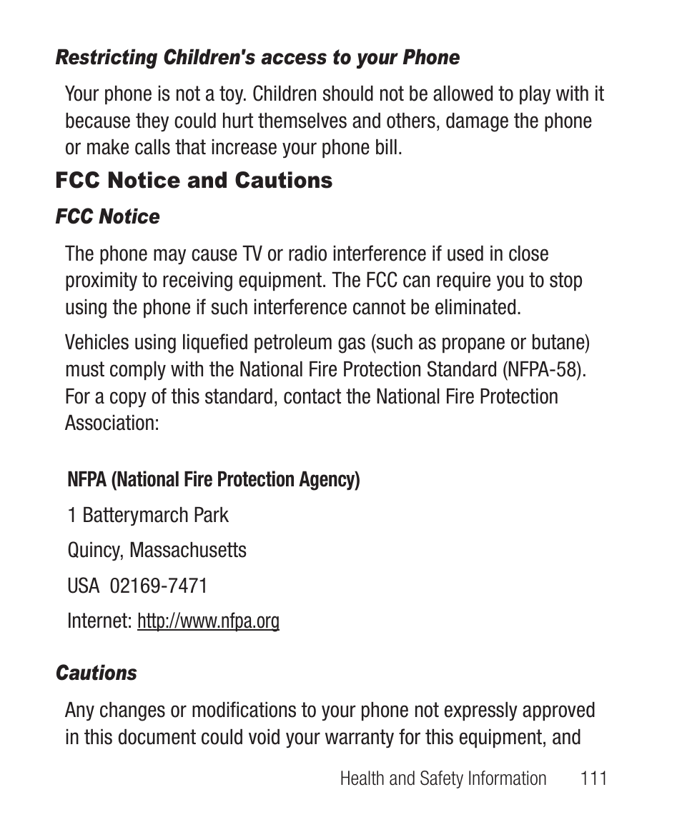 Restricting children's access to your phone, Fcc notice and cautions, Fcc notice | Cautions | Samsung SCH-R631DWACRI User Manual | Page 115 / 145