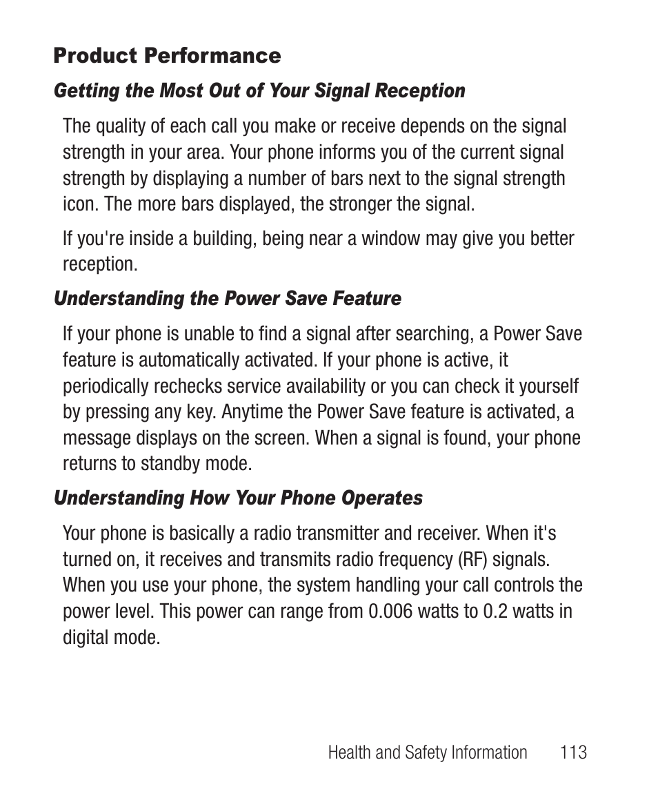 Product performance, Getting the most out of your signal reception, Understanding the power save feature | Understanding how your phone operates | Samsung SCH-R631DWACRI User Manual | Page 117 / 145