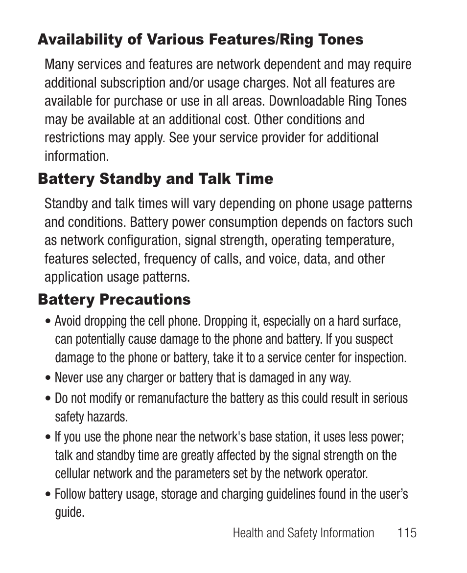 Availability of various features/ring tones, Battery standby and talk time, Battery precautions | Samsung SCH-R631DWACRI User Manual | Page 119 / 145