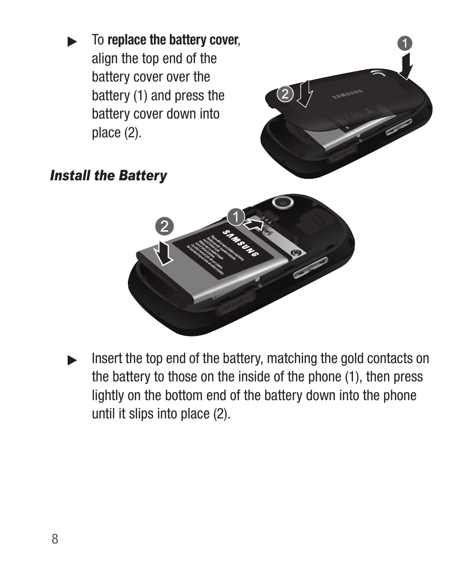 Install the battery | Samsung SCH-R631DWACRI User Manual | Page 12 / 145