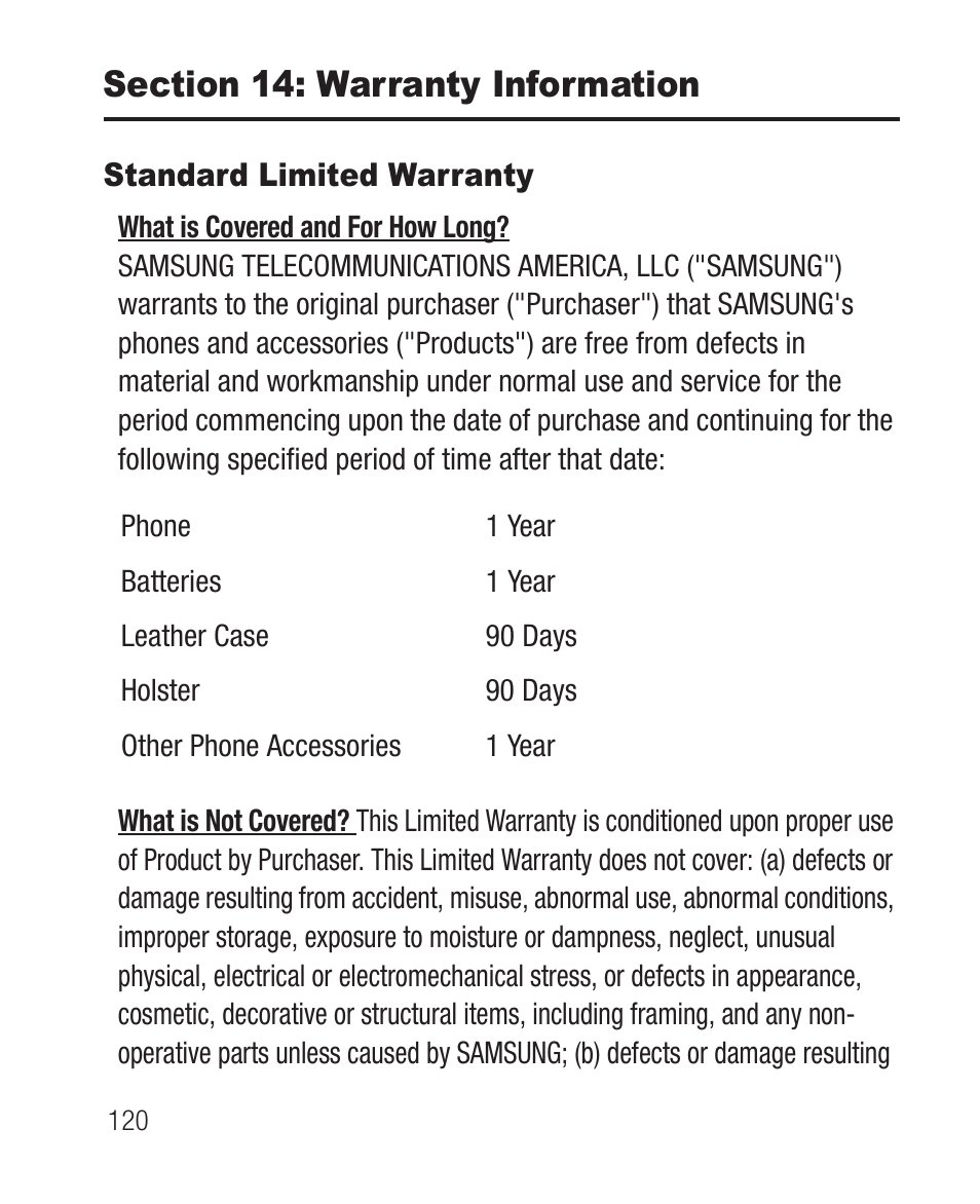 Section 14: warranty information, Standard limited warranty | Samsung SCH-R631DWACRI User Manual | Page 124 / 145