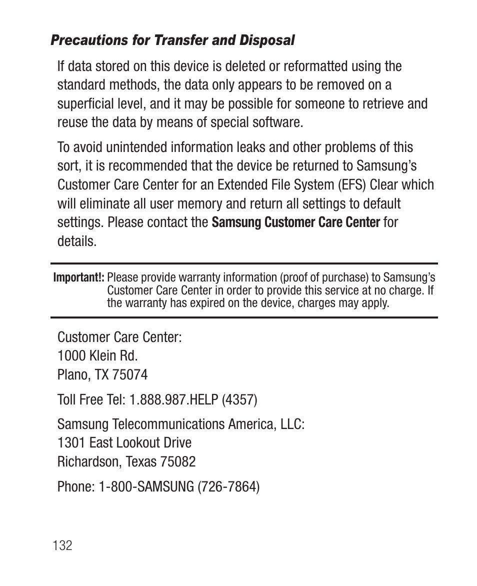 Precautions for transfer and disposal | Samsung SCH-R631DWACRI User Manual | Page 136 / 145