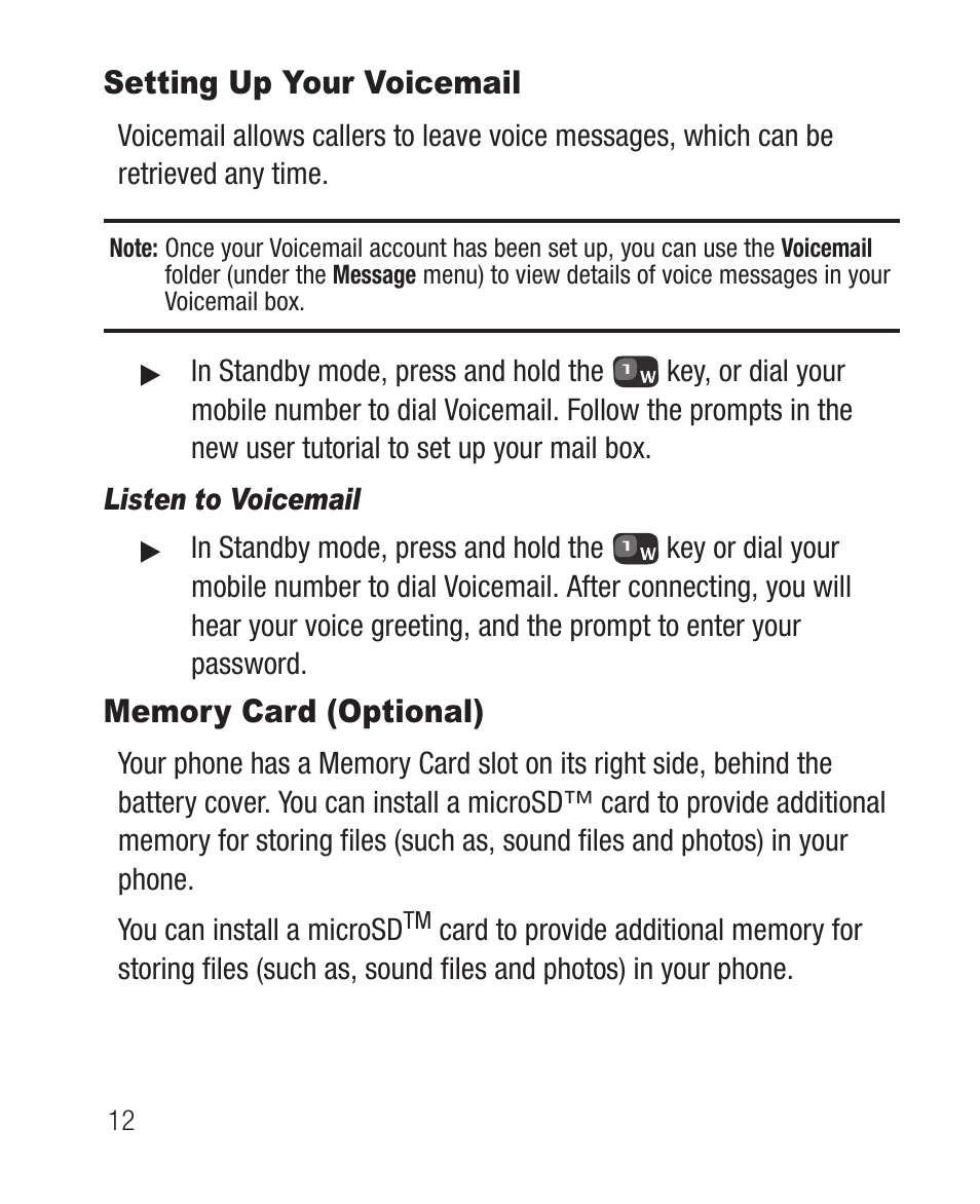 Setting up your voicemail, Listen to voicemail, Memory card (optional) | Setting up your voicemail memory card (optional) | Samsung SCH-R631DWACRI User Manual | Page 16 / 145